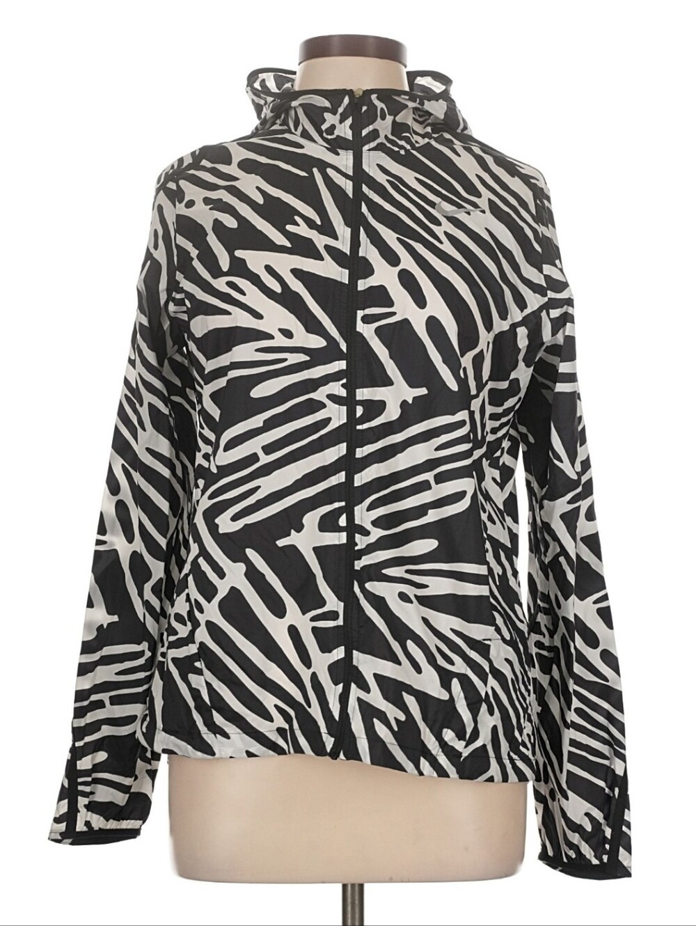 NIKE Black And White Abstract Print Impossibly Light Nylon Running Jacket Size L